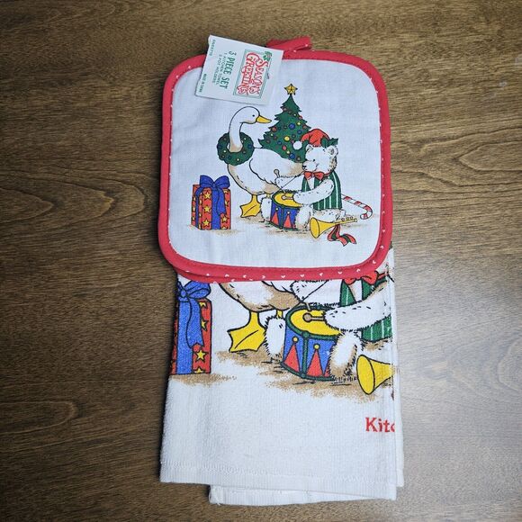 Vtg Christmas 1 Kitchen Towel 2 Pot holders Goose Teddy Bear Tree Grandma Core - Picture 1 of 5